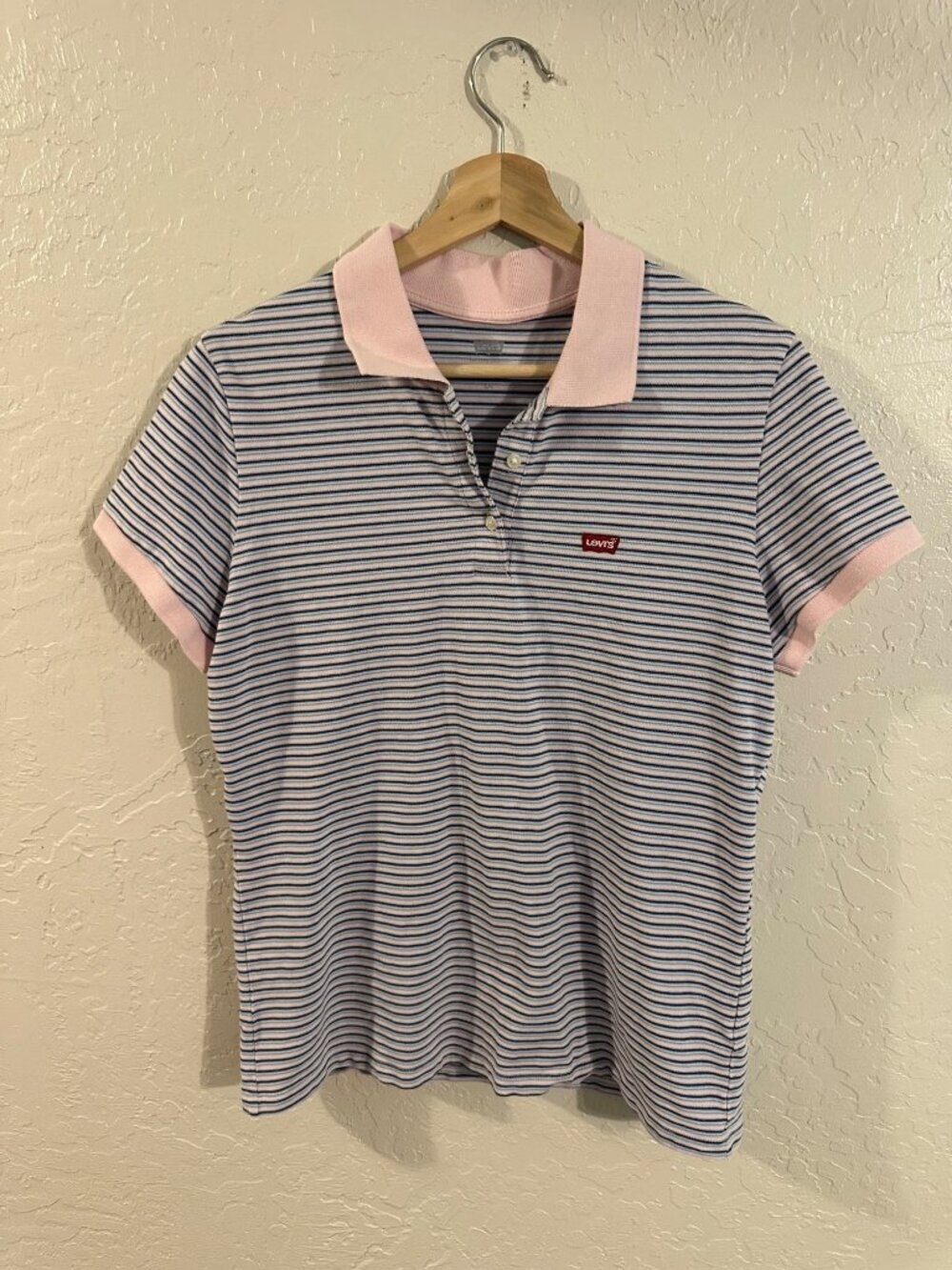 Levi’s Pink & Baby Blue Striped 90s Y2K Style Collared Polo Shirt